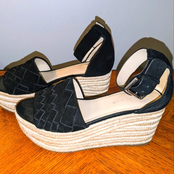 MARC FISHER VARIN Espadrille Wedge Platform Black Leather Suede Sandals  Sz 8M - Picture 5 of 14
